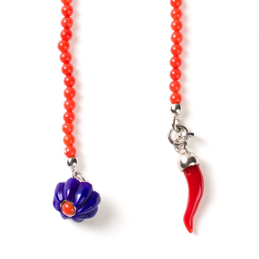 Barbarulo Napoli Manschettenknopfe Und Schmuck | Reverskette „Lapislazuli & Corail Flower" Aus Lapislazuli, Koralle