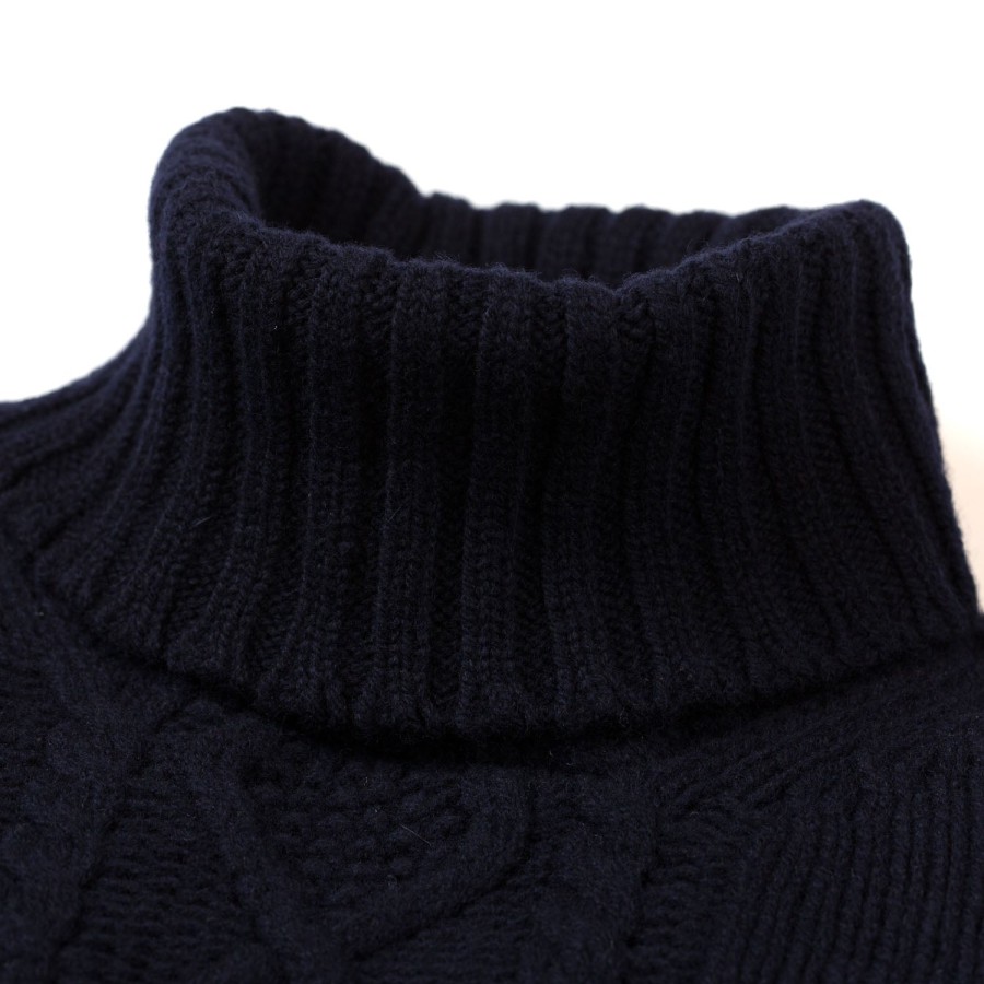 William Lockie Strickwaren | Dunkelblauer Rollkragenpullover „Alain Aran-Cable" Aus 6-Lagigem Lambswoo