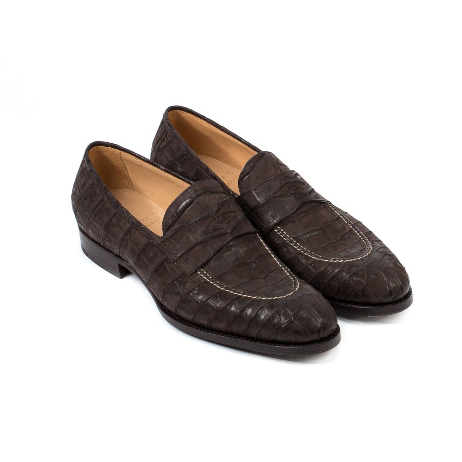 Saint Crispin's Mto | Pennyloafer „Kleid" Aus Dunkelbraunem Kroko-Wildleder Reine Handarbeit