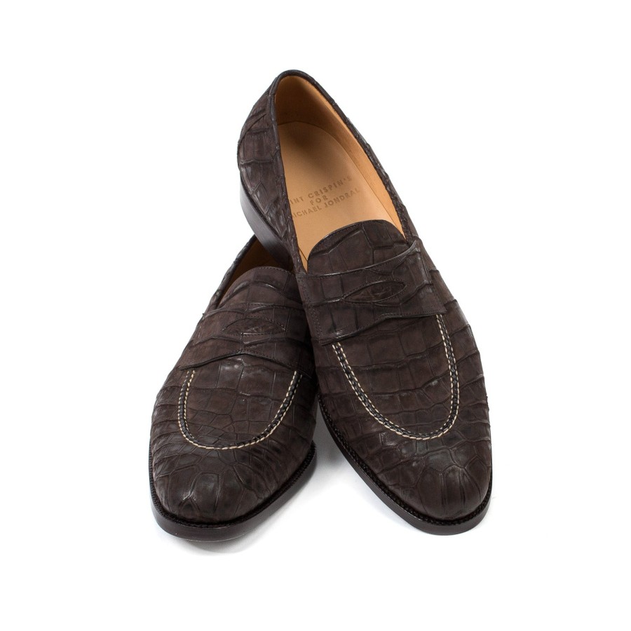 Saint Crispin's Mto | Pennyloafer „Kleid" Aus Dunkelbraunem Kroko-Wildleder Reine Handarbeit