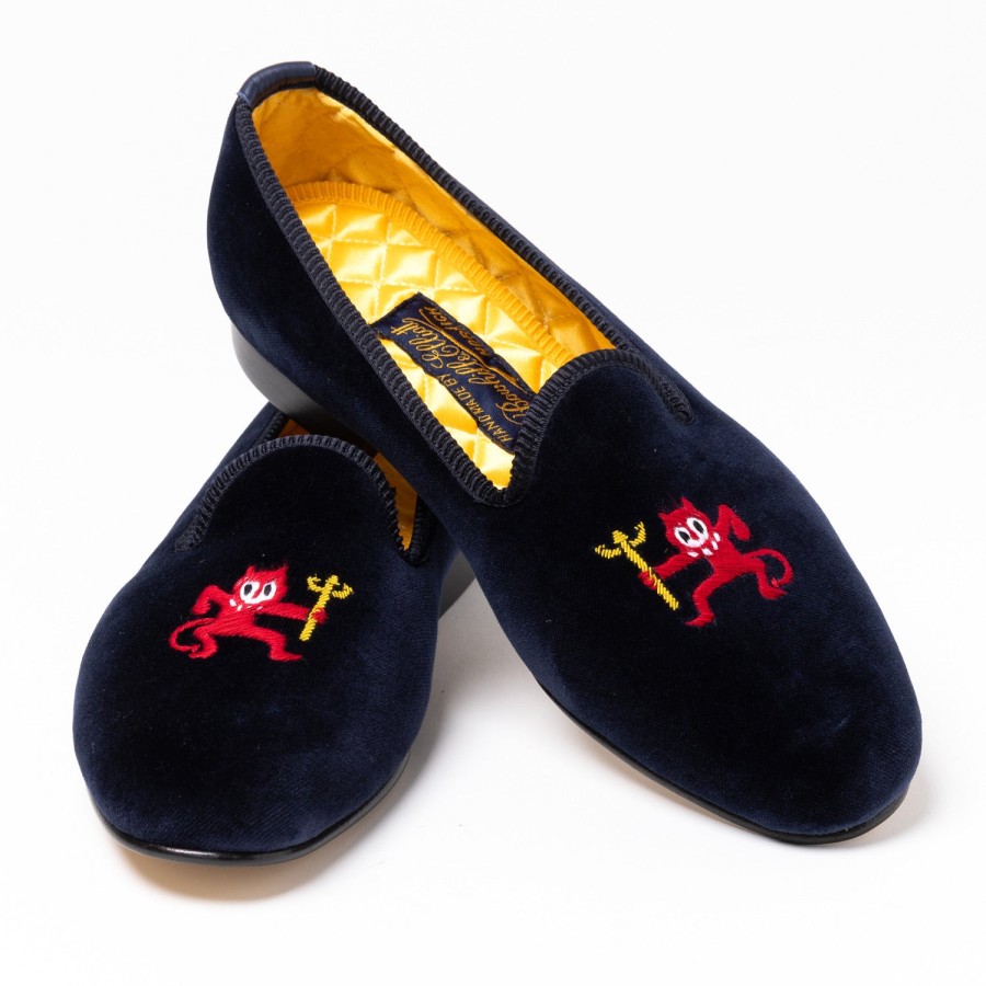 Bowhill u0026 Elliott S | Dunkelblaue Samt-Loafer „Little Red Devil" Mit Ledersohle Handma